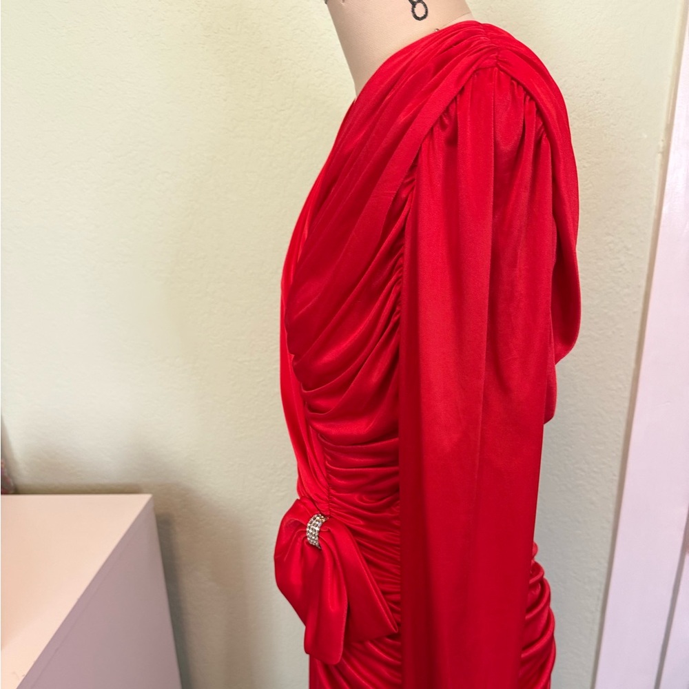 Vintage Red Draped Cocktail Dress Ruched Bodice Large - Picture 5 of 14
